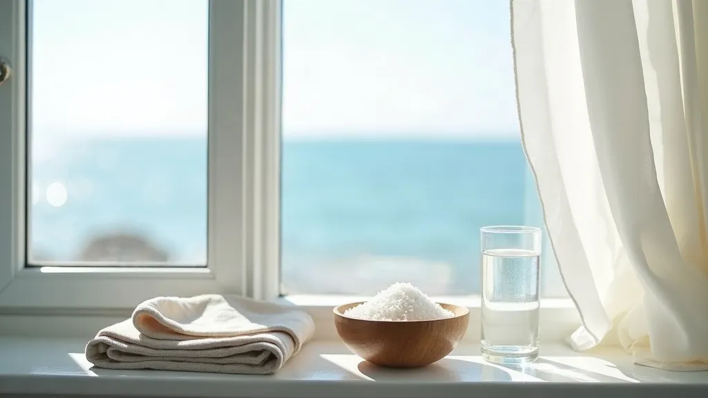 A bright coastal windowsill with a bowl of sea salt, folded linen and a glass of water in cool morning light